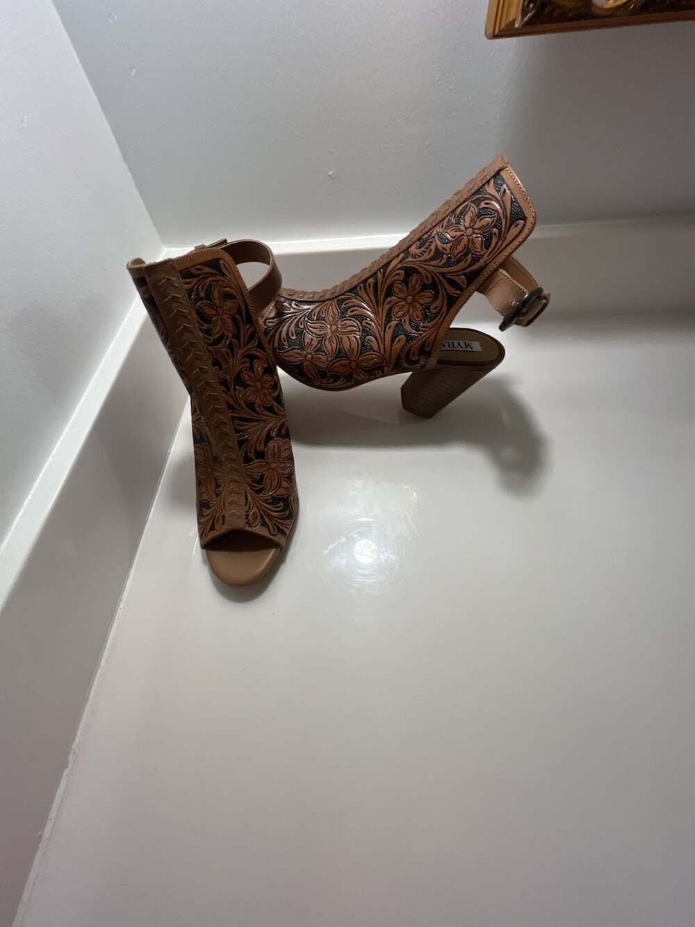 Myra Bag Dodge Town Hand-Tooled Leather Open Toe Heels - Picture 7 of 15